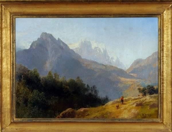 Mountain Landscape With Figure And Dog Oil Painting by Herman Herzog