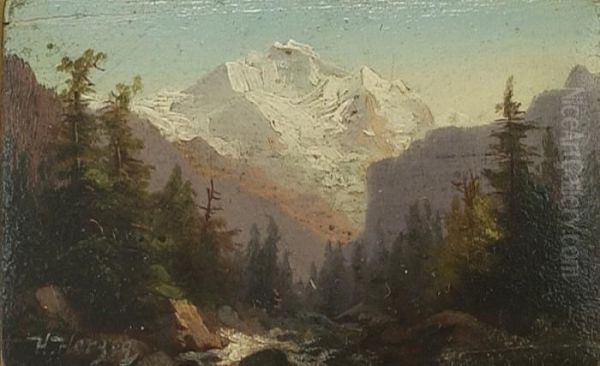 Mountain Landscapepainted On The Lid Of A Small Wooden Box Oil Painting by Herman Herzog