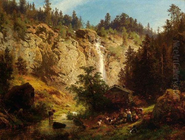 Shepherds With Cattle In A Mountainous Landscape Oil Painting by Herman Herzog