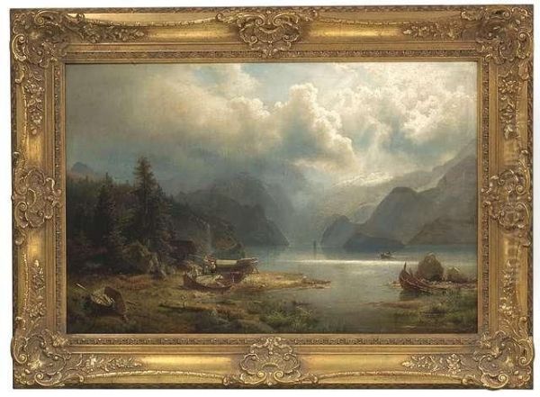 Herzog, Hermann. Fjord Landscape With Fishermen Preparing Their Boats Oil Painting by Herman Herzog