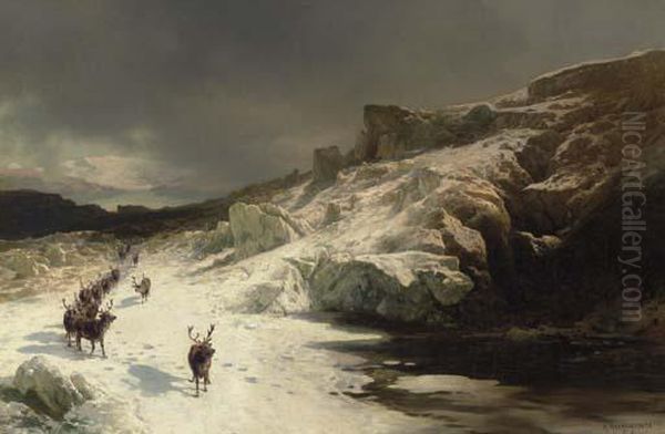 Elk In A Snowy Landscape Oil Painting by Herman Herzog