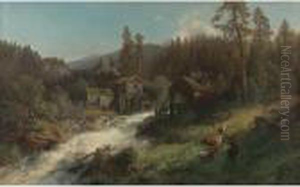 Wooded Landscape With Mills Oil Painting by Herman Herzog