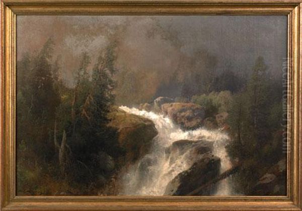 Waterfall In Hemsdalen (norway) Oil Painting by Herman Herzog