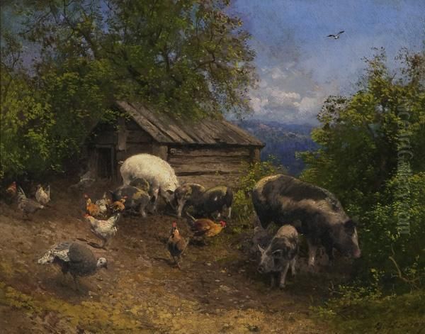 Barnyard Oil Painting by Herman Herzog