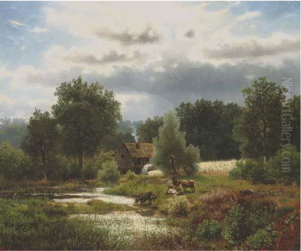 Cattle By A Watermill Oil Painting by Herman Herzog