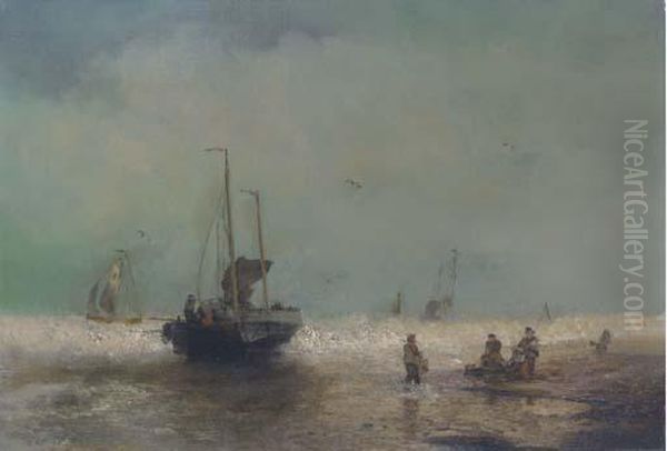 Fishing Boats Coming Ashore Oil Painting by Herman Herzog