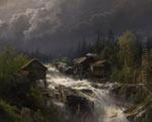 Squall Over The Old Mill Oil Painting by Herman Herzog