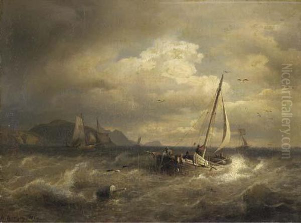 Fishing Boats Off The Coast Oil Painting by Herman Herzog