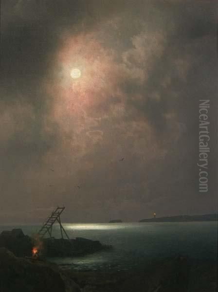 Moonlight On A Quiet Shore Oil Painting by Herman Herzog