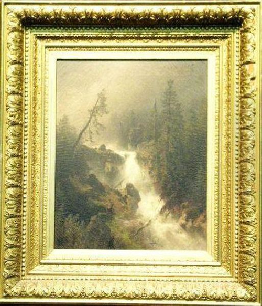 Cascade With Fisherman Oil Painting by Herman Herzog