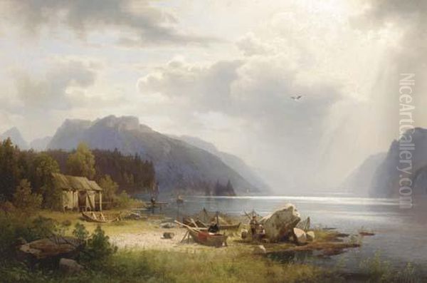 Fishing In An Alpine Lake Oil Painting by Herman Herzog