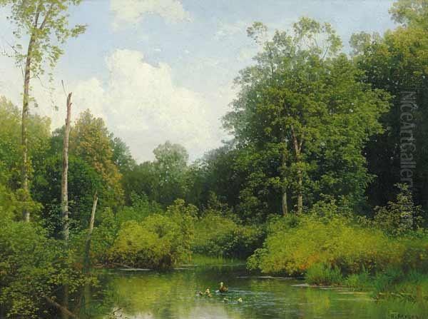 Forest Landscape With Pond And Ducks Oil Painting by Herman Herzog