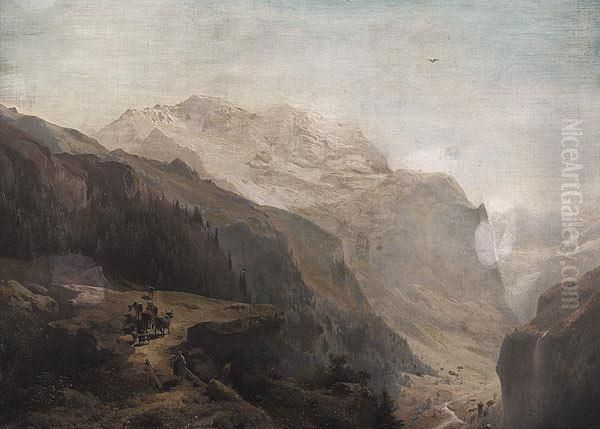 An Alpine Landscape With Cows Oil Painting by Herman Herzog