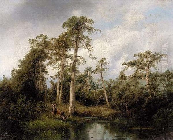 Florida Live Oaks With Deer Oil Painting by Herman Herzog