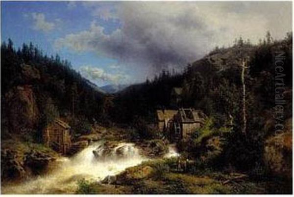 Landscape With A Watermill Oil Painting by Herman Herzog