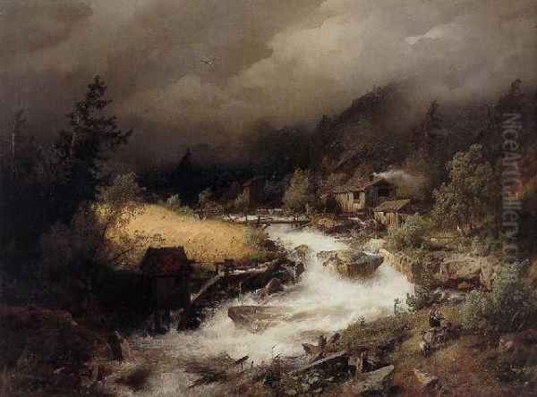 The Old Water Mill Oil Painting by Herman Herzog