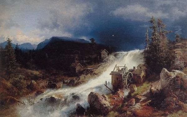 Mountain Landscape With Watermill Oil Painting by Herman Herzog