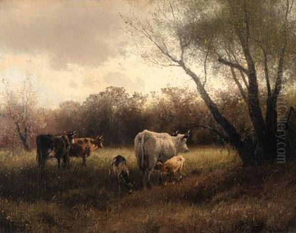 Jersey Cattle By The Trees Oil Painting by Herman Herzog