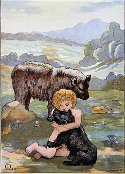 Jean LOurs as a Child playing with a baby Bear Oil Painting by Masse