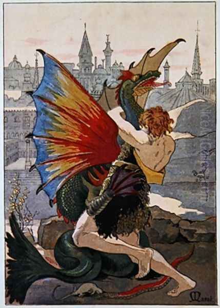 Jean LOurs in combat with a Dragon 1900 Oil Painting by Masse