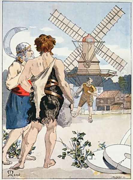 Jean LOurs meets Roue de Moulin the first of the three strong men who accompany him on his adventures Oil Painting by Masse