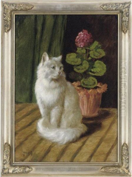 A White Cat With Geraniums Oil Painting by Arthur Heyer