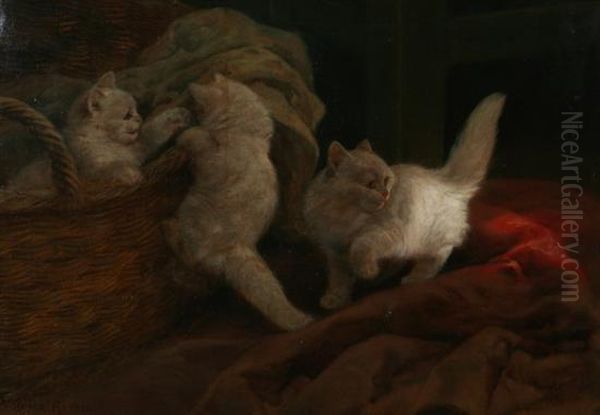 Three White Kittens Playing Near A Basket Oil Painting by Arthur Heyer