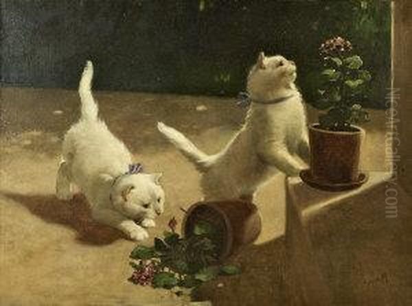 Two White Cats Playing, Having Knocked Over A Plant Pot Oil Painting by Arthur Heyer