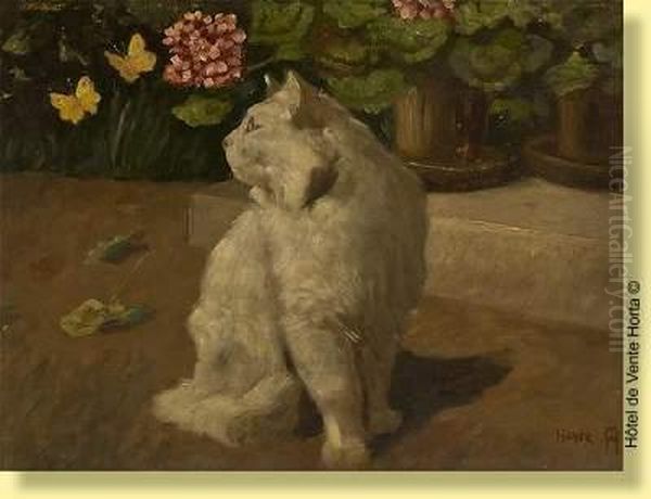 Chat Et Papillons Oil Painting by Arthur Heyer