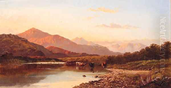 Cattle watering in a mountainous River Landscape Oil Painting by Francis Sydney Muschamp