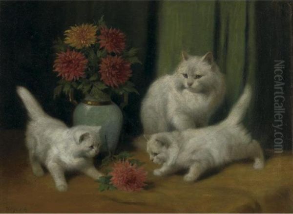 Kittens Playing With A Flower Oil Painting by Arthur Heyer