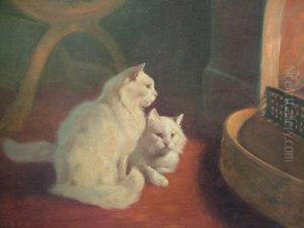 Two White Cats By A Fireplace Oil Painting by Arthur Heyer