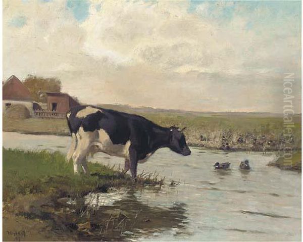 A Cow At The Edge Of A Pool With Ducks Oil Painting by Arthur Heyer