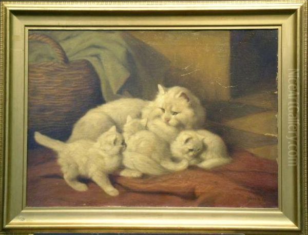 A Mother And Her Kittens Oil Painting by Arthur Heyer