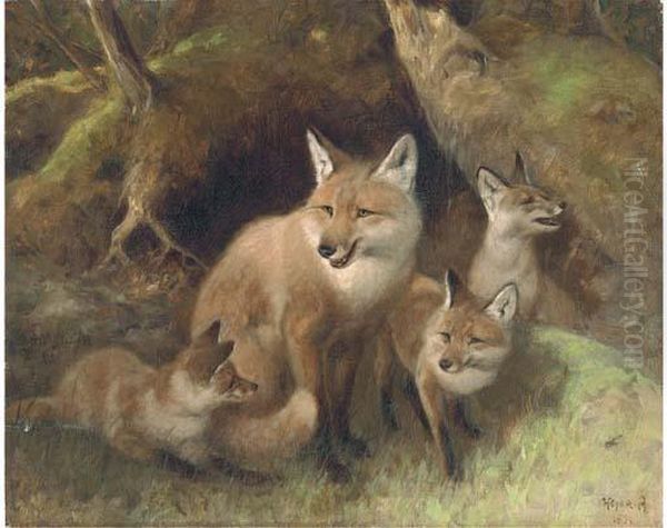 A Fox With Cubs Oil Painting by Arthur Heyer