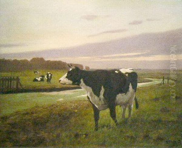 Cattle In A Field At Dusk Oil Painting by Arthur Heyer