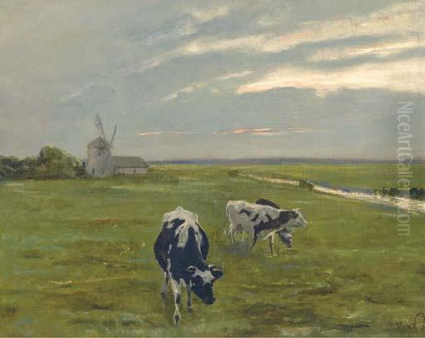 Cattle Before A Windmill At Dusk Oil Painting by Arthur Heyer