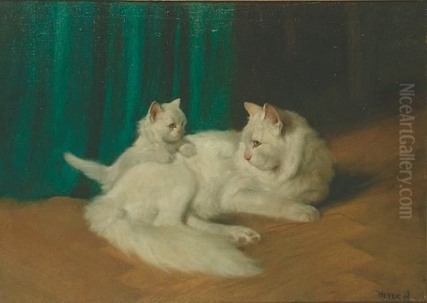 A Cat And Kitten In An Interior Oil Painting by Arthur Heyer