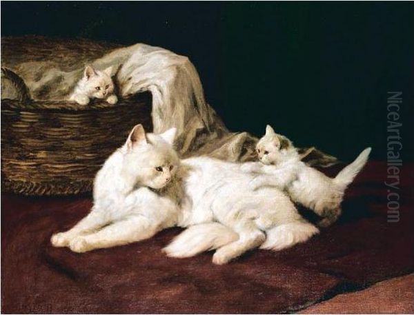 Cat And Kittens Oil Painting by Arthur Heyer