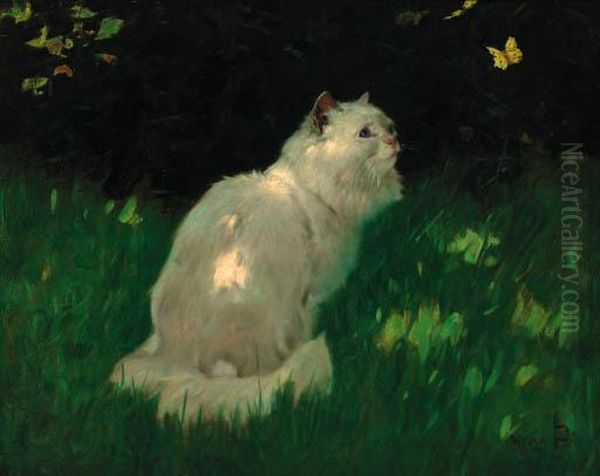 A White Persian Cat Look At A Butterfly Oil Painting by Arthur Heyer