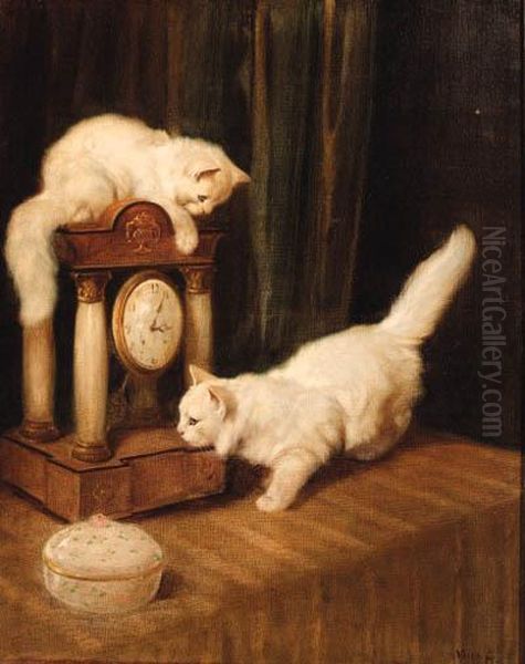 Two Persian Cats With A Clock On A Table Oil Painting by Arthur Heyer