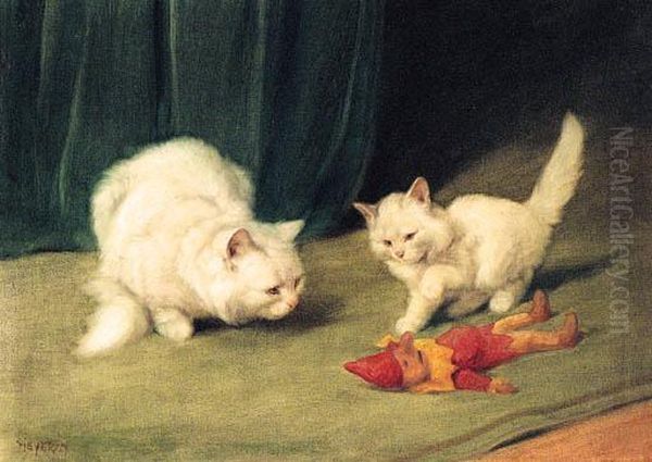 Two White Persians With A Wooden Toy Oil Painting by Arthur Heyer