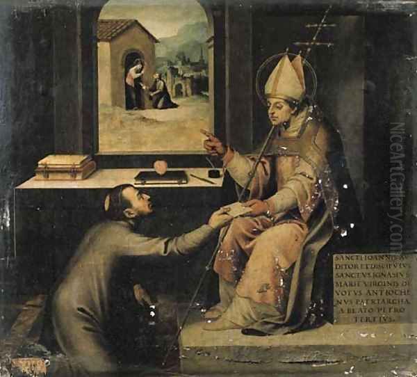 Saint Ignatius of Loyola giving a disciple a letter to take to the Madonna Oil Painting by Vicente Juan (Juan de Juanes) Macip