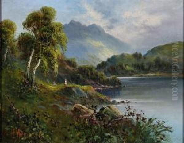 Mountain River Landscapes With Children To Banks Oil Painting by Frank Hider