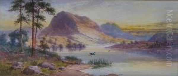 Ducksflying Over A Mountainous Lakeside At Sunset Oil Painting by Frank Hider