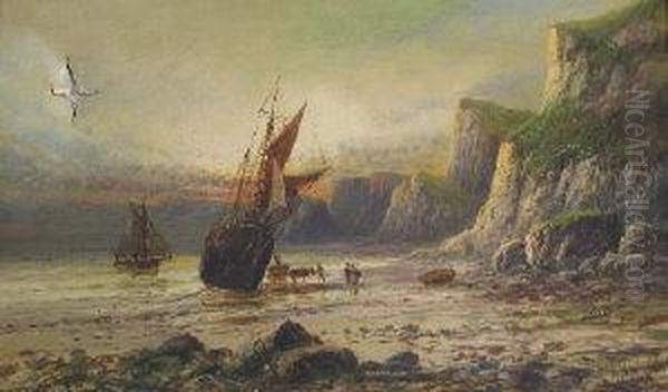 Figures By A Beached Vessel With Rockyheadland Oil Painting by Frank Hider