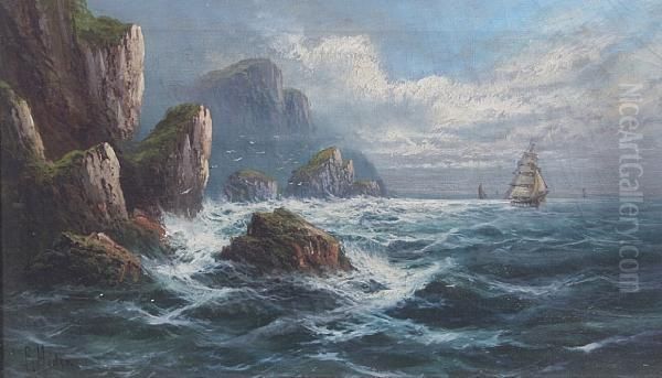 Shipping Off A Rocky Coastline Oil Painting by Frank Hider