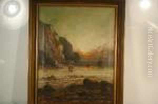 Sunset Craggy Coastal Scene With Figures And Beach Below Oil Painting by Frank Hider