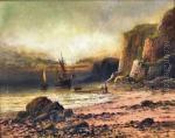 Oilpainting - Coastal Scene At 
Sunset With Beached Fishing Boat Andtwo Fishermen On Beach To Foreground Oil Painting by Frank Hider