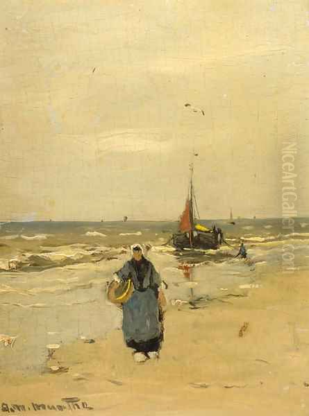 A fisherwoman on the beach of Katwijk Oil Painting by Gerhard Arij Ludwig Morgenstje Munthe